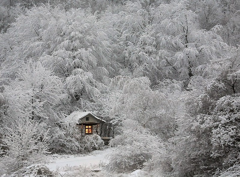 Охотничий домик в зимнем лесу.