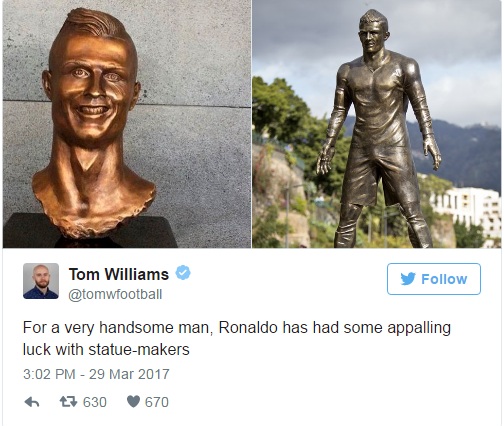 У красавчика Роналду какая-то проблема с людьми, которые создают его статуи