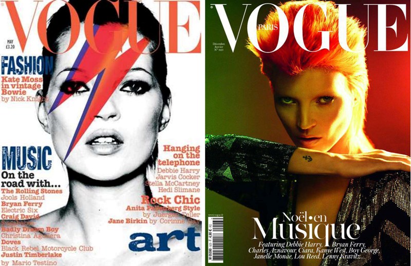 Кейт Мосс в образе Дэвида Боуи на обложках Vogue