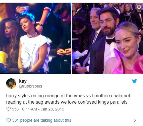 Гарри Стайлс, который ест апельсин на VMA, и Тимоти Шаламе, читающий на SAG. Мы любим эти королевские параллели.