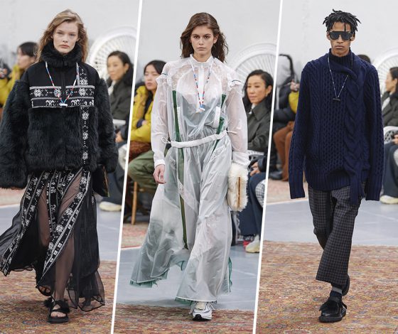 Кайя Гербер, Крис Грикайте и Тристан Коул на показе Sacai в Париже