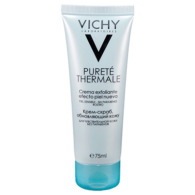 Обновляющий крем-скраб Vichy, 1100 р. Выводит токсины и активизирует процесс регенерации клеток. Подходит для чувствительной кожи, выравнивает цвет лица и делает кожу сияющей. 