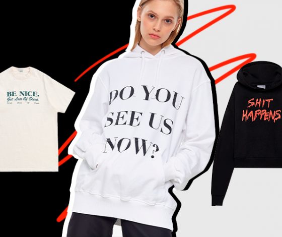 Вещи с дерзкими фразами как у икон стиля нулевых: где купить похожие футболки, лонгсливы и худи