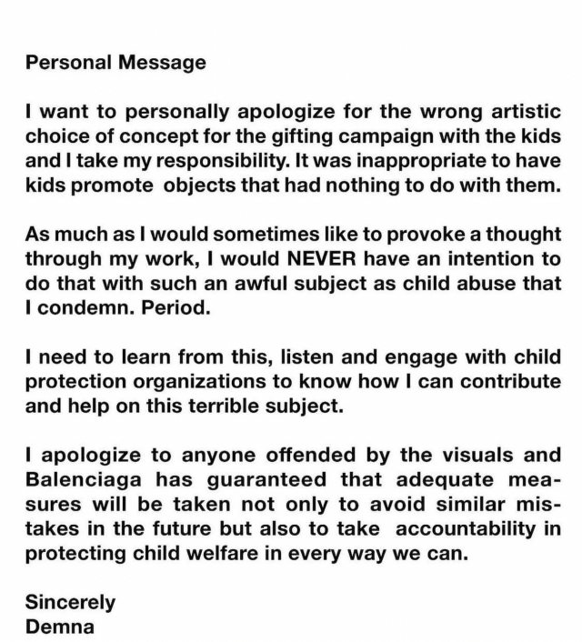 Демна Гвасалия лично извинился за скандальную рекламу Balenciaga