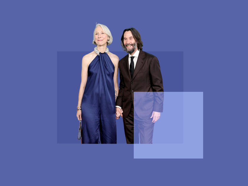 Keanu Reeves and Alexandra Grant on the red carpet: she in a luxurious dress, he in climbing boots
